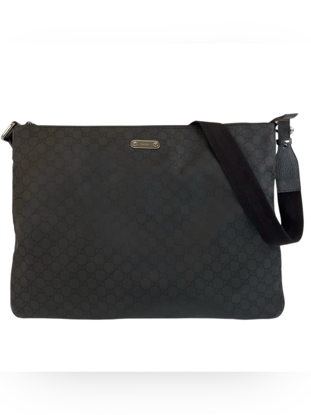 Gucci Black GG Monogram Messenger Bag with Web Strap